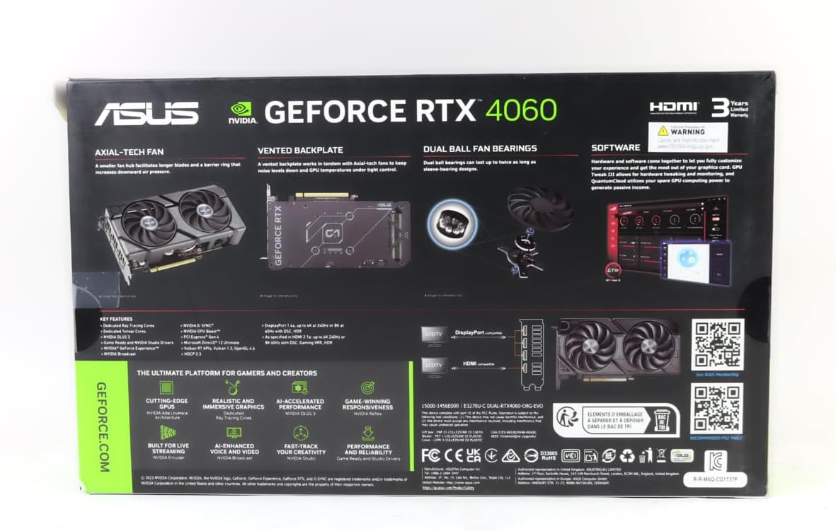 ASUS Dual GeForce RTX™ 4060 V2 OC Edition (PCIe 4.0, 8GB GDDR6, DLSS 3, HDMI 2.1a, DisplayPort 1.4a, 2-Slot Design, Axial-tech Fan Design, 0dB Technology, and More) (Renewed)