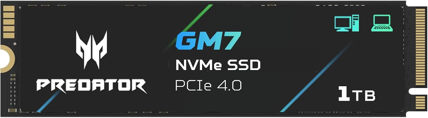 acer Predator GM7 1TB SSD: M.2 2280 PCIe Gen 4 x4 NVMe 2.0, Read Speed Up to 7400 MB/s, Internal PC Solid State Drive for Laptop, Desktop and PS5 - BL.9BWWR.118