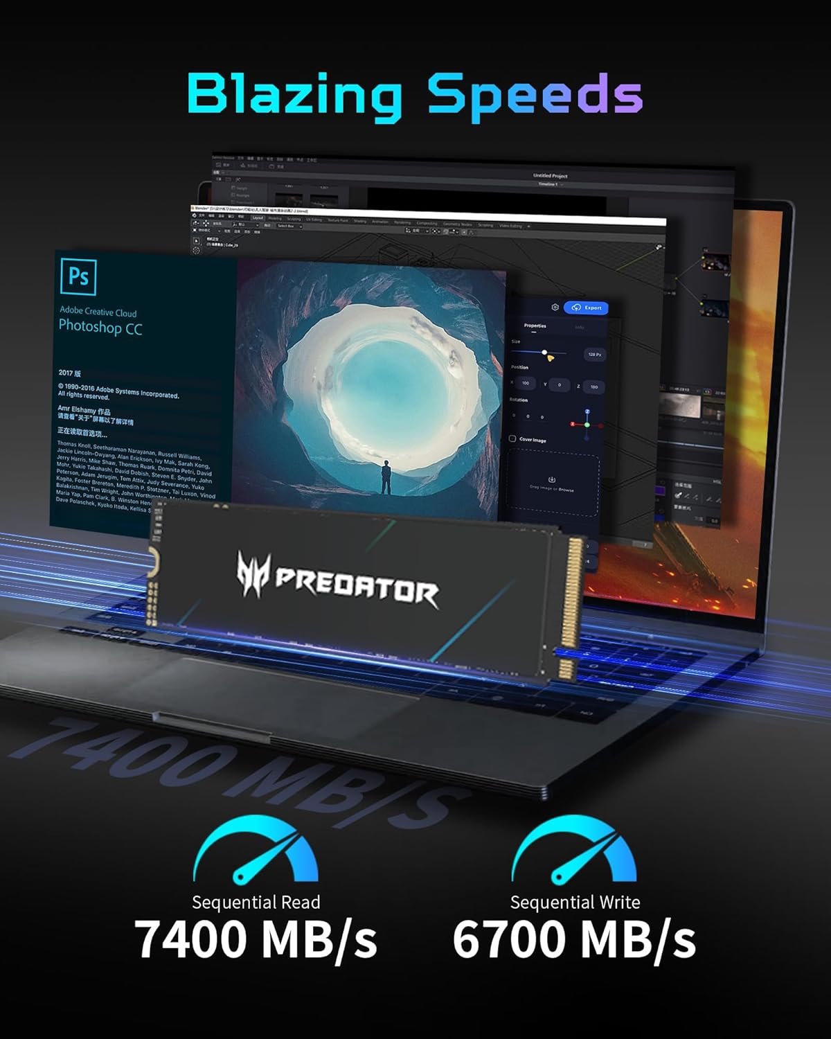 Predator M.2 SSD 2TB GM7000 with DRAM cache NVMe 1.4 2280 PCIe Gen4×4 Ultra high speed (maximum read: 7400MB/s, max write: 6700MB/s) 3D NAND TLC Internal SSD Compatible with PS5 Pro - BL.9BWWR.106
