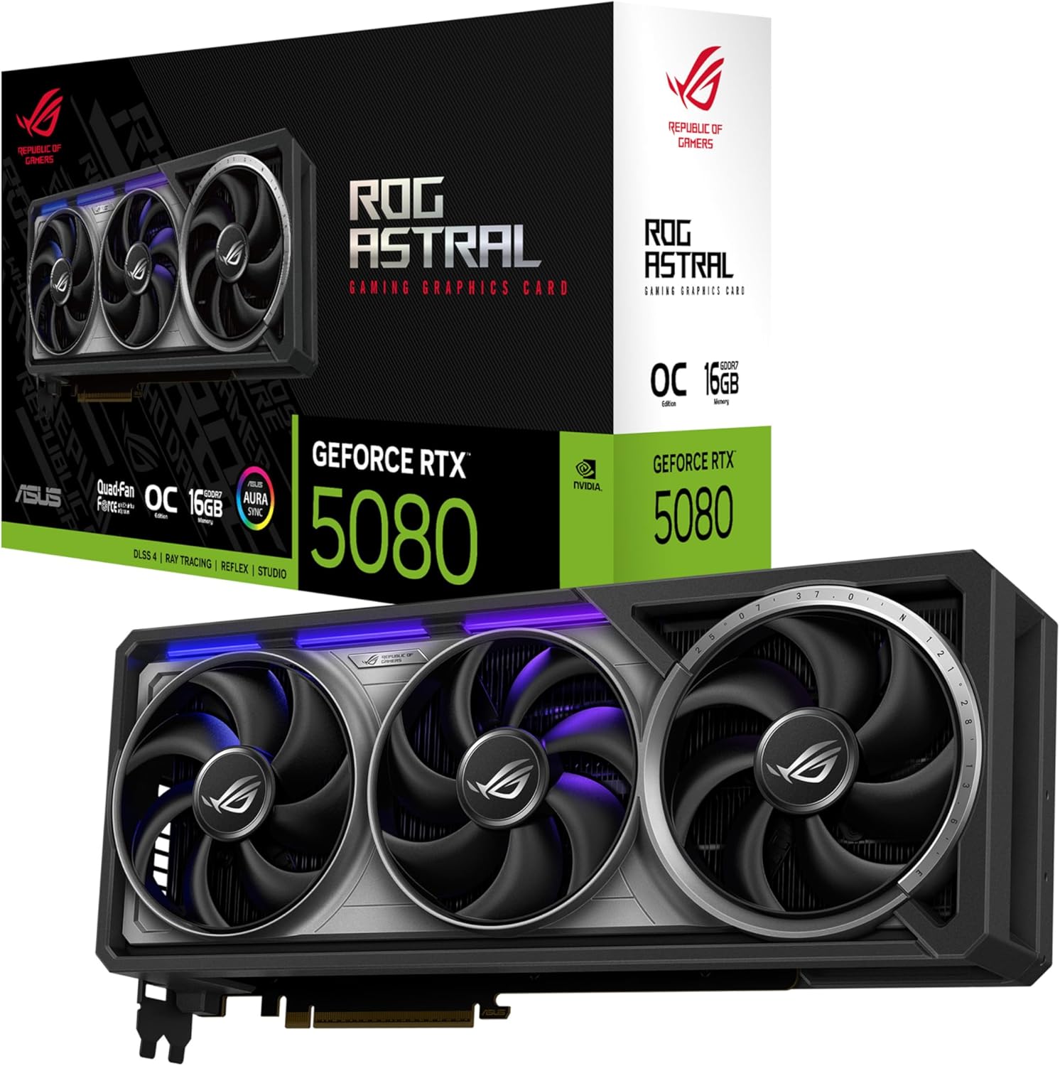ASUS ROG Astral GeForce RTX™ 5080 OC Edition Graphics Card, NVIDIA (PCIe® 5.0, 16GB GDDR7, HDMI®/DP 2.1, 3.8-Slot, 4-Fan Design, Axial-tech Fans, Patented Vapor Chamber, Phase-Change GPU Thermal Pad)