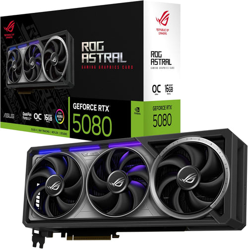 ASUS ROG Astral GeForce RTX™ 5080 OC Edition Graphics Card, NVIDIA (PCIe® 5.0, 16GB GDDR7, HDMI®/DP 2.1, 3.8-Slot, 4-Fan Design, Axial-tech Fans, Patented Vapor Chamber, Phase-Change GPU Thermal Pad)
