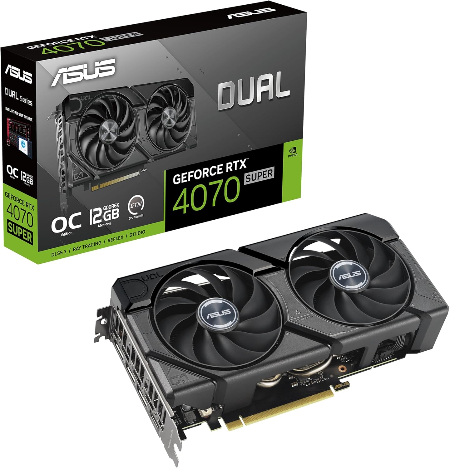 ASUS Dual GeForce RTX™ 4070 Super EVO OC Edition 12GB GDDR6X (PCIe 4.0, 12GB GDDR6X, DLSS 3, HDMI 2.1a, DisplayPort 1.4a, 2.5-Slot Design, Axial-tech Fan Design, 0dB Technology, and More) (Renewed)