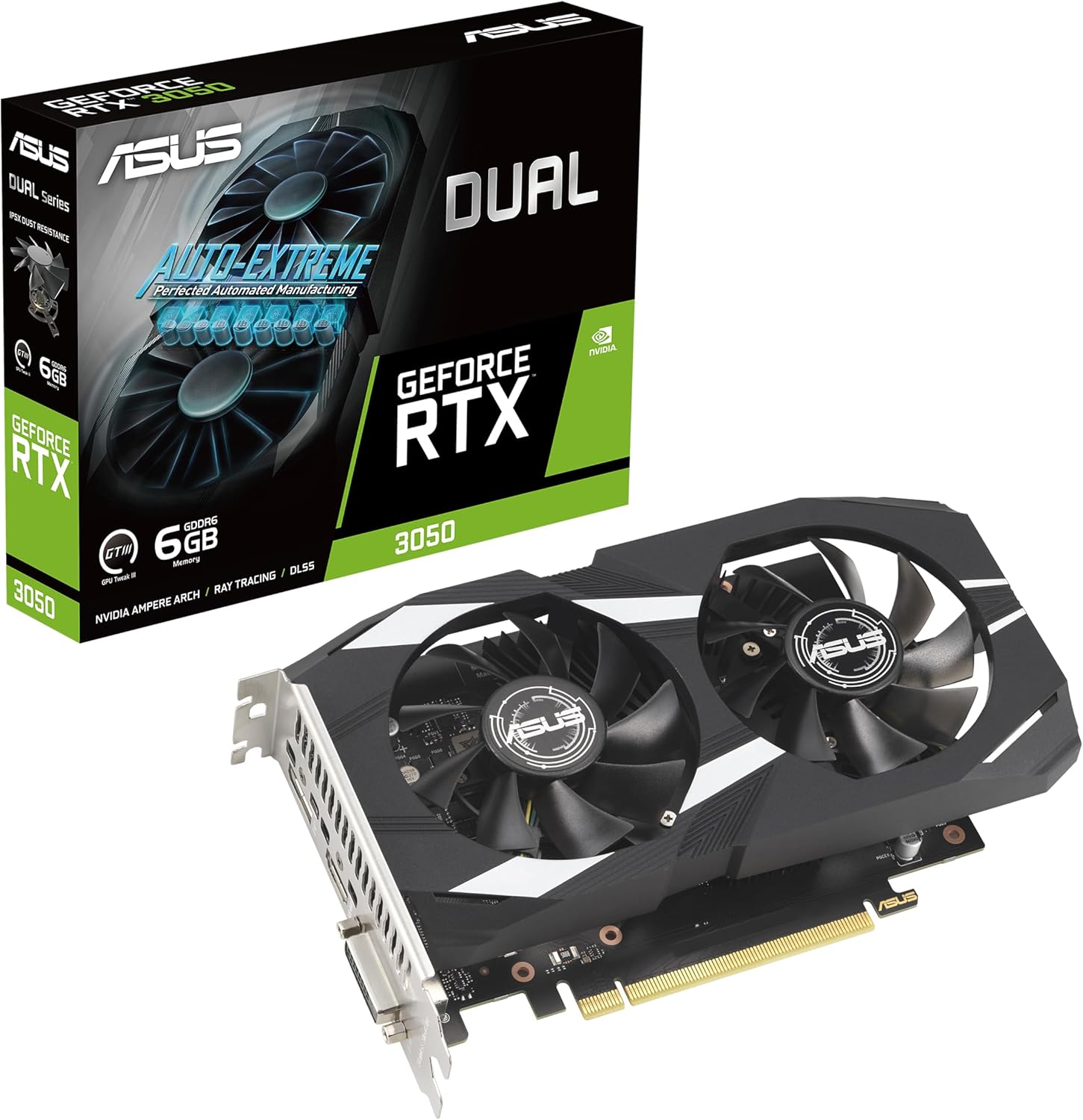ASUS Dual NVIDIA GeForce RTX 3050 6GB Gaming Graphics Card - PCIe 4.0, 6GB GDDR6 Memory, HDMI 2.1, DisplayPort 1.4a, Native DVI-D, 2-Slot Design, Steel Bracket, IP5X Rating, GPU Tweak III (Renewed)