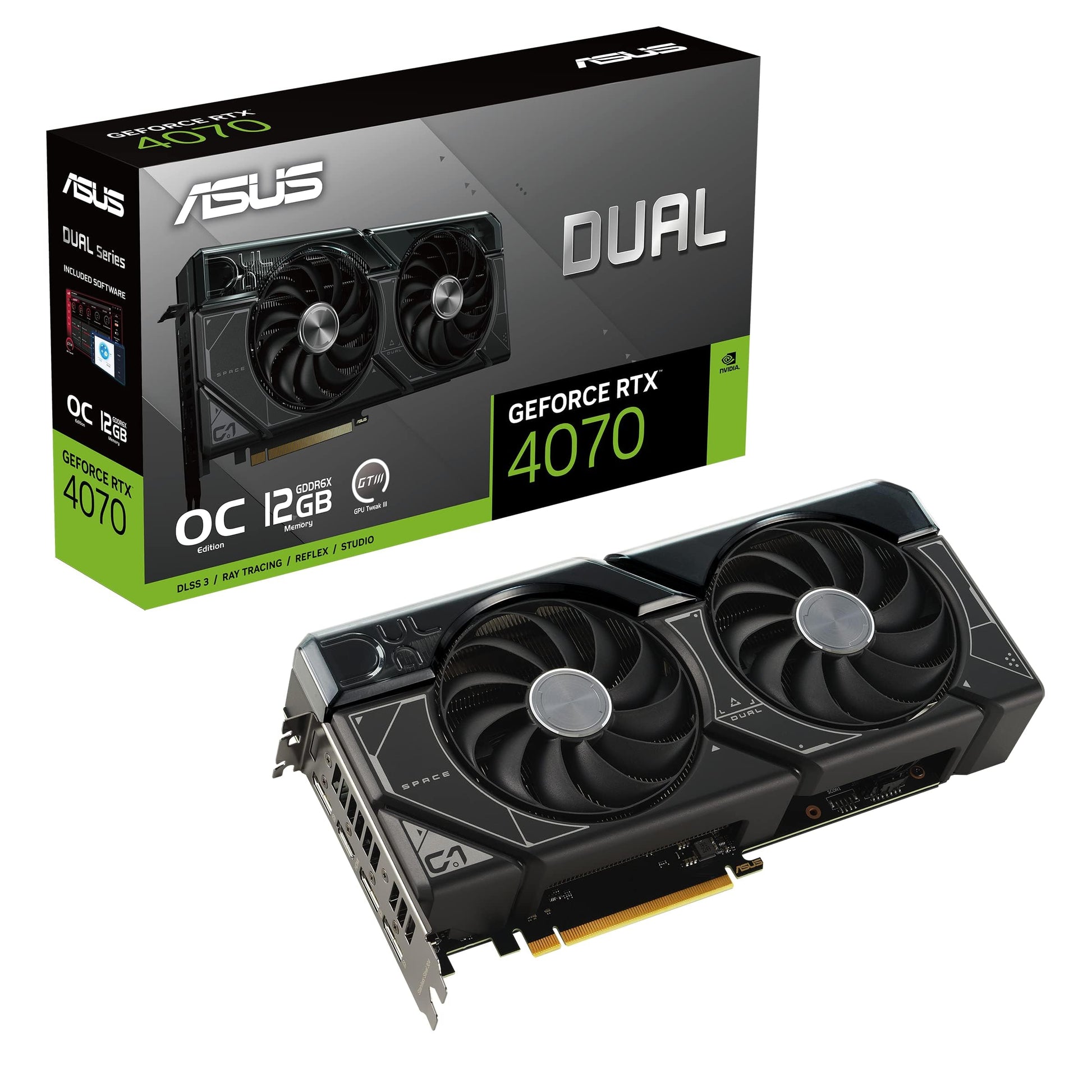 ASUS Dual GeForce RTX™ 4070 Super EVO OC Edition 12GB GDDR6X (PCIe 4.0, 12GB GDDR6X, DLSS 3, HDMI 2.1a, DisplayPort 1.4a, 2.5-Slot Design, Axial-tech Fan Design, 0dB Technology, and More)