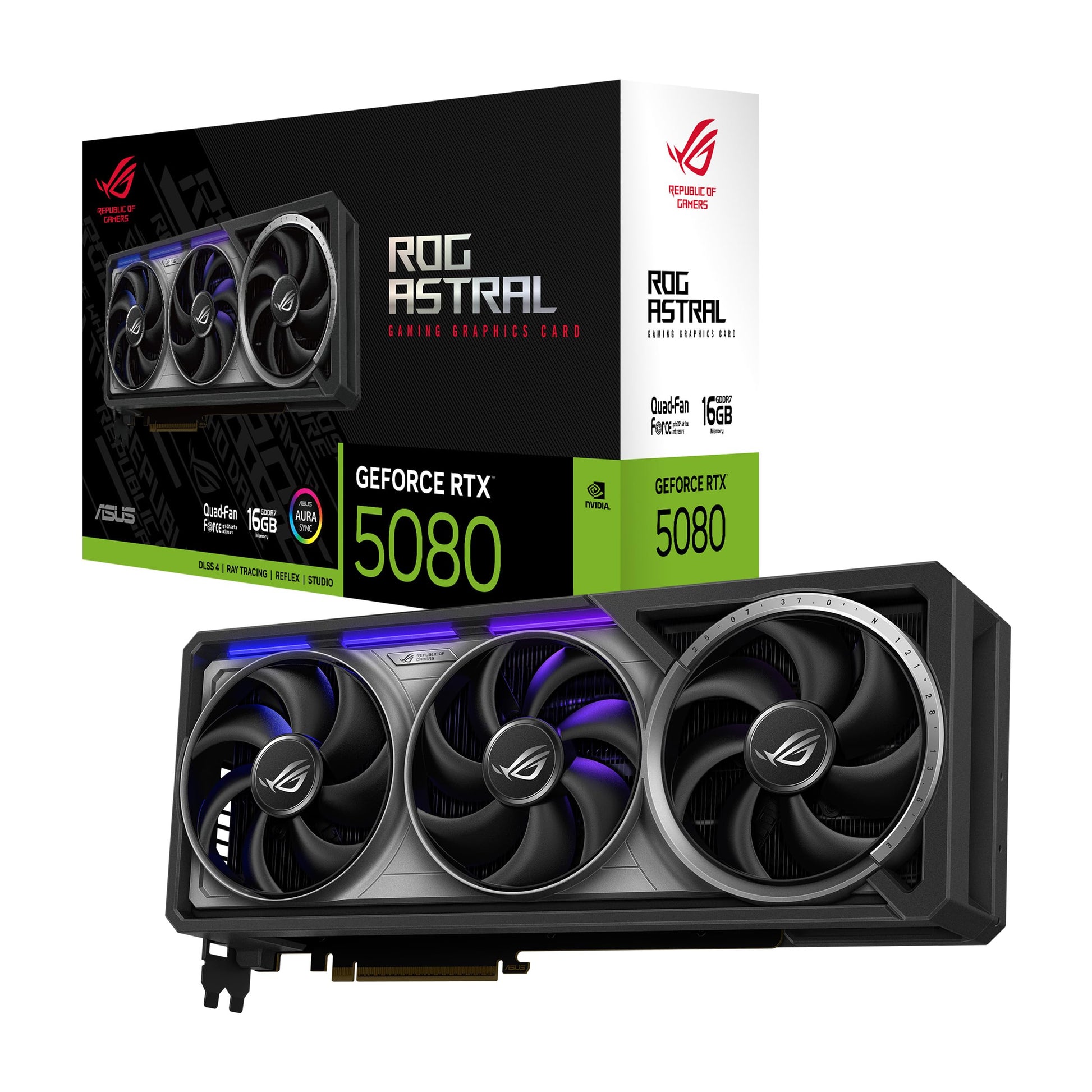 ASUS ROG Astral GeForce RTX™ 5080 OC Edition Graphics Card, NVIDIA (PCIe® 5.0, 16GB GDDR7, HDMI®/DP 2.1, 3.8-Slot, 4-Fan Design, Axial-tech Fans, Patented Vapor Chamber, Phase-Change GPU Thermal Pad)