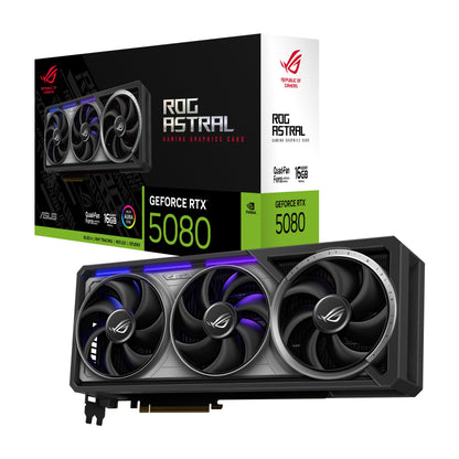 ASUS ROG Astral GeForce RTX™ 5080 OC Edition Graphics Card, NVIDIA (PCIe® 5.0, 16GB GDDR7, HDMI®/DP 2.1, 3.8-Slot, 4-Fan Design, Axial-tech Fans, Patented Vapor Chamber, Phase-Change GPU Thermal Pad)