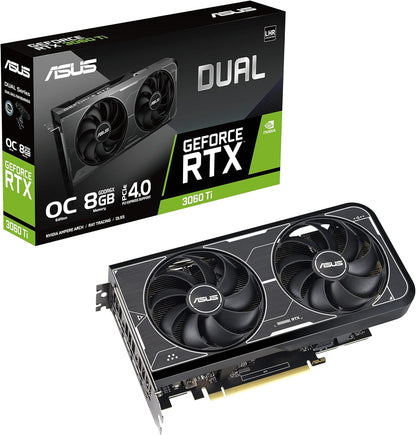 ASUS Dual NVIDIA GeForce RTX 3060 Ti OC Edition Graphics Card (PCIe 4.0, 8GB GDDR6X Memory, HDMI 2.1, DisplayPort 1.4a, 2-Slot Design, Axial-tech Fan Design, 0dB Technology, and More) (Renewed)